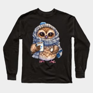 Chibi Owl Drinking Hot Chocolate cute christmas snow design series 1 Long Sleeve T-Shirt